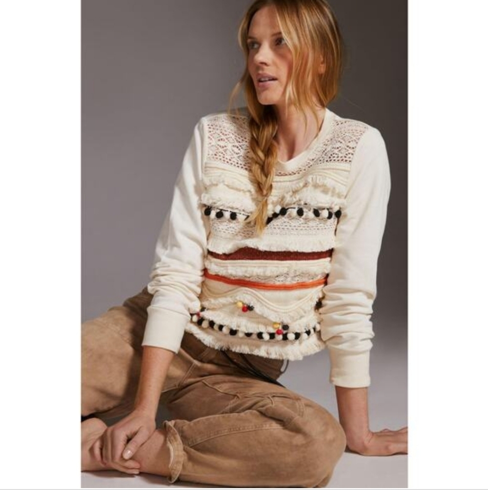 NWT Anthropologie Perfect fringe and pom-pom pullover sweater Size Large